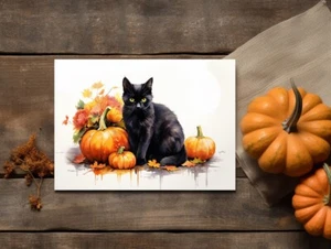 Tarjeta de gato negro con calabazas para amantes de los gatos en otoño para tarjeta de Halloween - Imagen 1 de 1