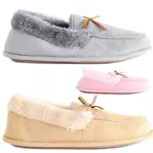 LADIES BEDROOM OUTDOOR WARM WOMENS FLAT BOW SLIPPERS SOFT MOCCASIN SHOES SZ - Picture 1 of 19