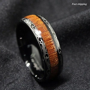 Black Tungsten carbide Ring Koa Wood Inlay Dome Wedding Band ATOP men's jewelry - Picture 1 of 6