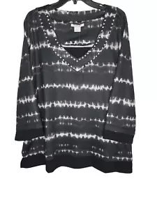 Allison Daley Womans Black White Print SZ 2X 3/4 Sleeve Tunic Top Stretch V Neck - Picture 1 of 14