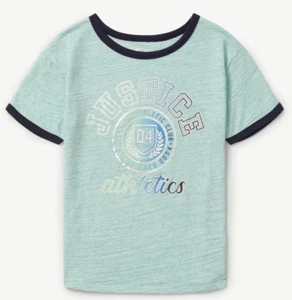 Justice Girls Ringer Graphic Tee Shirt Aqua Breeze Color Size S NEW - Picture 1 of 4