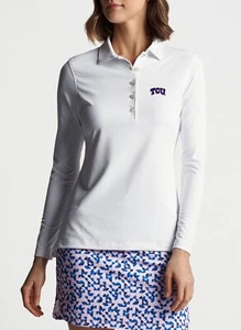 $115 TCU Horned Frogs PETER MILLAR Womens Perfect Fit LS White Polo Golf Shirt M - Picture 1 of 3