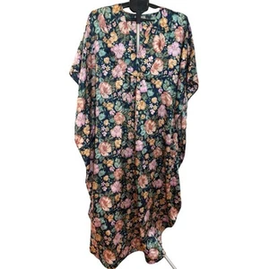 Vintage California Dynasty Floral Satin Kaftan Robe Boho Lounge Dress 80s 90s - Picture 1 of 6