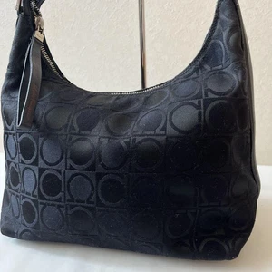 Salvatore Ferragamo Shoulder Bag Purse Gancini Canvas Leather Black Authentic - Picture 1 of 24
