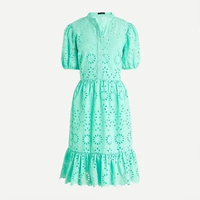 NWT J Crew Womens Puff Sleeve Eyelet Dress Green Size 14 Peasant Cottagecore - Image 1 of 4