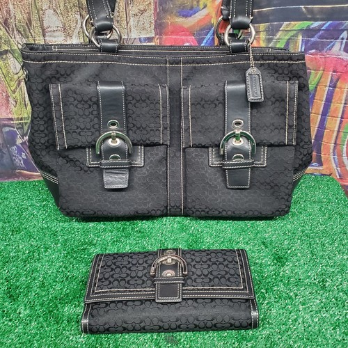 Borsa e portafoglio Coach vintage Soho Tote Signature Monogram in pelle tela nera