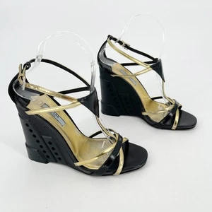 Prada Fall 2014 Runway Black Gold Industrial Metal Wedge Sandal size IT 38.5 - Picture 1 of 15