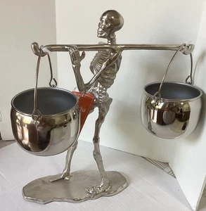 MARTHA STEWART Halloween Skeleton With Hanging Cauldron Bowls Silver 15" New - Picture 1 of 5