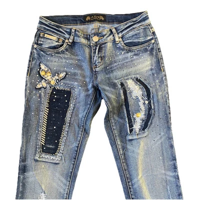 VO Virgin Only Blue Jeans Embellished w/ Rhinestones Strg. Leg  29x32; - Image 1 of 4