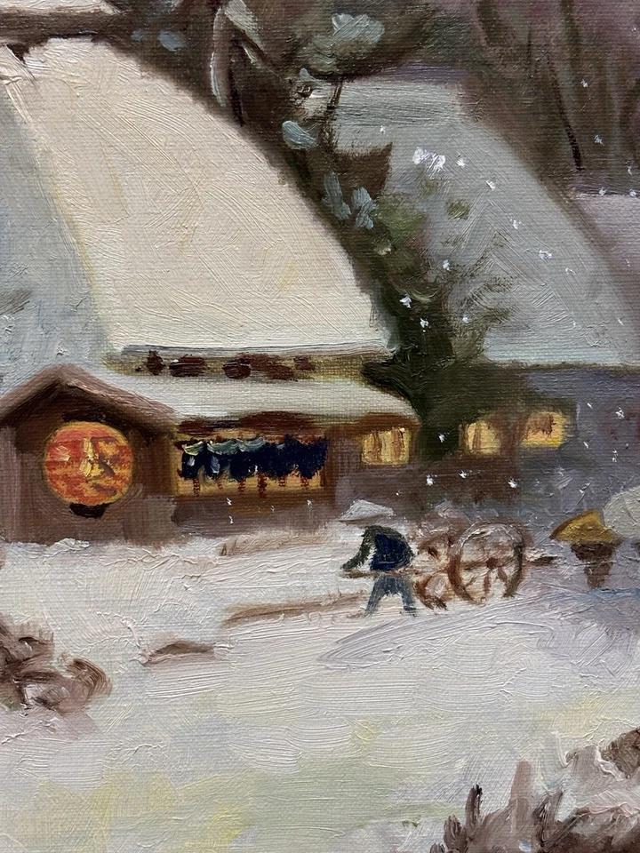 Hermosa pintura al óleo japonesa vintage de pueblo de invierno, arte asiático decoración regalos Foto 1 de 4