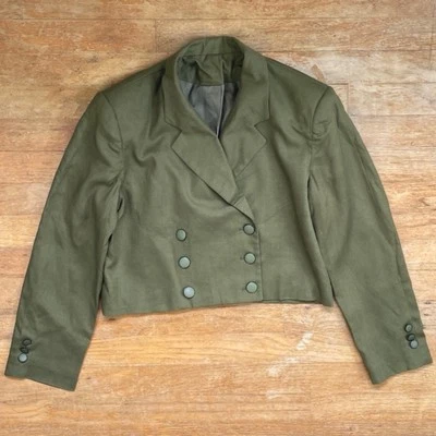 Chaqueta corta vintage de doble botonadura talla pequeña años 80 verde oliva rayón/lino Foto 1 de 4