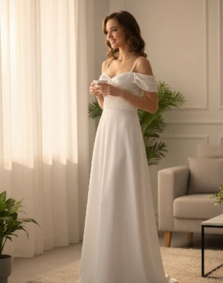 Elegant Off-Shoulder White Gown – Size 4, Corset Back, NWT - Image 1 of 2