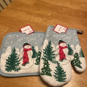 NUEVO CON ETIQUETAS ~ Soporte para olla y guante para horno de vacaciones / Navidad ~ ¡Let’s get alegre! ~ Muñeco de nieve - Imagen 1 de 6