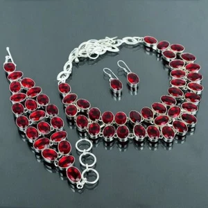 Faceted Mozambique Garnet Oval Shape Gemstone Handmade Gift Jewelry Necklace Set - Picture 1 of 12