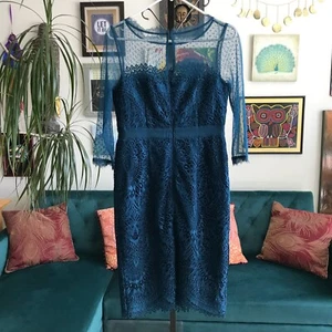 ADRIANNA PAPELL size 6 Teal Blue Lace Sheath Dress Sheer Mesh 3/4 Sleeves - Picture 1 of 6