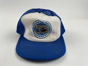 Vintage 80s 1986 Queen Mary 50th Anniversary Mesh Trucker Hat Blue - Picture 1 of 12