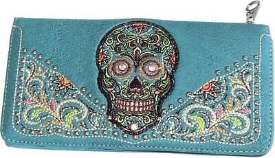 Montana West Sugar Skull Womens Wallet Dark Blue Leather Embroidery Rhinestones - Image 1 of 4