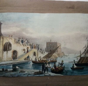 Litografia acquarellata d’epoca rifilata Napoli Stazione Marittima Primi '800 - Imagen 1 de 1