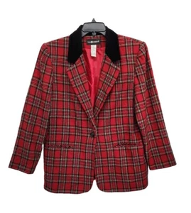 Vintage Sag Harbor wool blend boxy Tartan red plaid velvet collar Size 14 - Picture 1 of 10