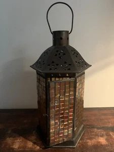 Vtg Boho Glass Mosaic Amber Candle Holder Lantern Iron Metal Garden Or Indoor - Picture 1 of 5