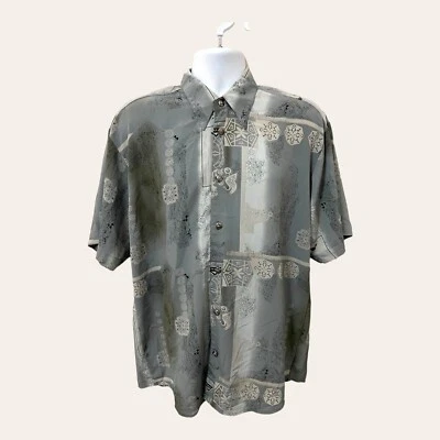 Pecasos Jeans Mens Italian Camp Floral Design Button Shirt Sz M Made In USA Gray - Image 1 of 4