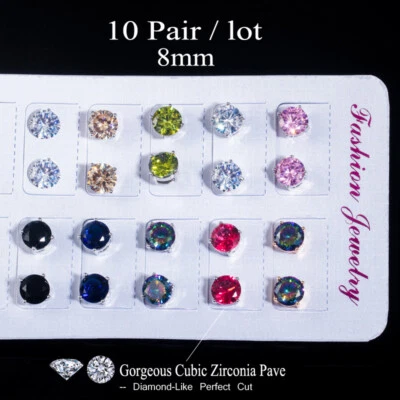 Multicolor CZ 10 Pairs Lot 8mm Round Stud Earring Silver Plated Everyday Jewelry - image 1 of 4