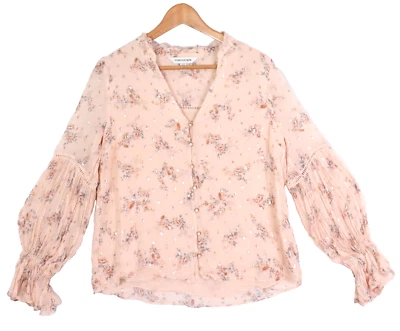 Forever New Cottagecore Top Size 10 Peach Gold Floral Poet Sleeve Lined Chiffon - Image 1 of 4