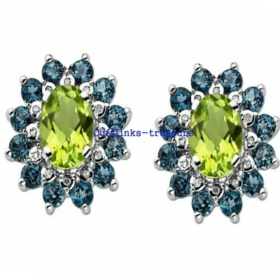 Gemas de peridoto natural y topacio azul con gemelos de plata de ley 925 #9340 Foto 1 de 3