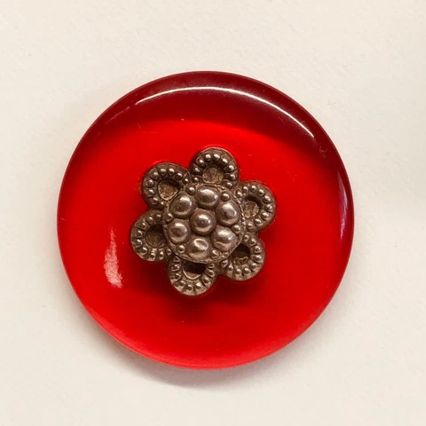 XL Transparent Red Bakelite Button with Metal Escutcheon OME Pin Shank Cover