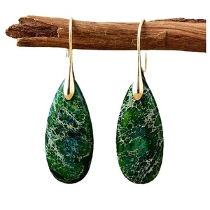Earrings Pierced Teardrop Natural Stone 2" Drop Green Stone Gold Tone Finding - Picture 1 of 3