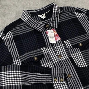 Roxy Let It Go Shirt Womens Medium Black Plaid Flannel Long Sleeve Button Up NEW - Picture 1 of 10