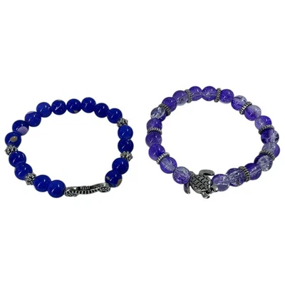 Juego de 2 Pulseras con Cuentas Azul Caballito de Mar Púrpura Tortuga Dije Elástico Foto 1 de 4