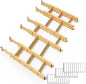 Bamboo Drawer Dividers – 6 Dividers w/ 12 Inserts, Adjustable 17–22" Organizer - Picture 1 of 8