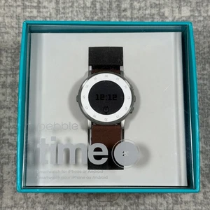 PEBBLE Time 20 mm Round Silver & White w/ Brown Strap Smartwatch iPhone/Android - Picture 1 of 20