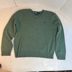Ralph Lauren Men's 2XL Sweater Preppy V-neck Lambs Wool Pony green Jumper EUC - Picture 1 of 13