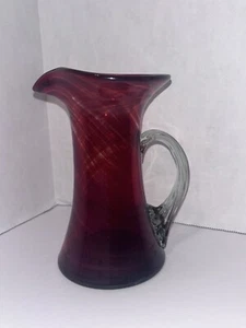 Hand blown Glass Ruby Red Pitcher Applied Ribbed Clear Glass Handle - Picture 1 of 9