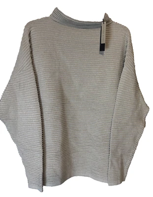 NUEVO CON ETIQUETAS T by Tahari Beige Manga Larga Suéter Metálico Dorado Acanalado Talla L Cuello Simulado Foto 1 de 4