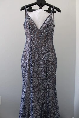 Jovani size 8 Backless Metallic Prom  Lace Mermaid Gown Navy/Silver Gown - Image 1 of 4