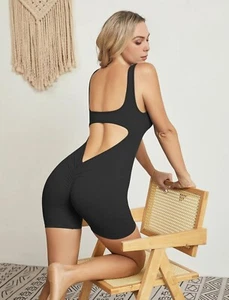 **Women's Solid Cut Out Backless Sports Romper Sleeveless Gym Bodysuit Black - Picture 1 of 5