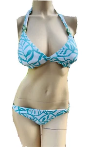 Perry Ellis Swimsuit Bikini Set Womens Sz S Aqua White Beaded Botanical Print - Picture 1 of 3