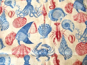 3/4 YD RED BLUE TROPICAL FISH NAUTICAL BEACH UPHOLSTERY LINEN BLEND FABRIC 56"W - Picture 1 of 2
