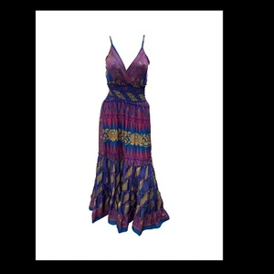 Recycled Retro V Neck Maxi Spaghetti Strap Ruffle Dress Free Size Up To 18 p21 - Picture 1 of 1