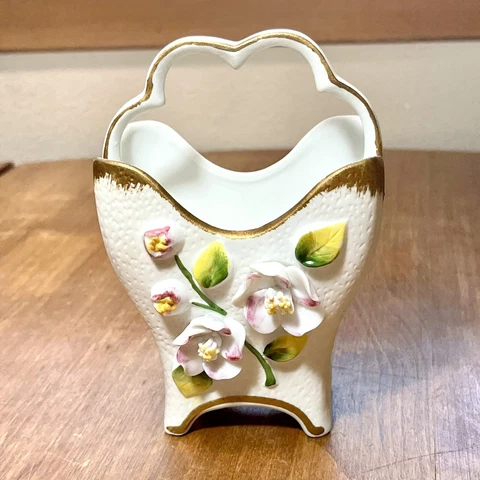 Vintage Porcelain Bisque 3D Applied Flowers Handle Basket Gold Trim Serial Num Cover