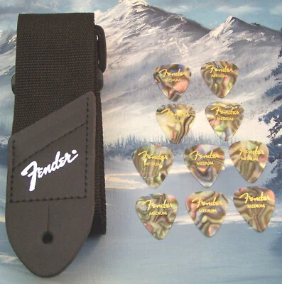 CORREA DE GUITARRA ~ GUARDABARROS GENUINO ~ NEGRA con LOGOTIPO PLATEADO + 10 PÚAS MEDIANAS DE ABULÓN Foto 1 de 2