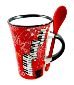Red Keyboard Cappuccino Mug with Spoon - Music Gift - Piano Cappuccino Mug - Zdjęcie 1 z 1