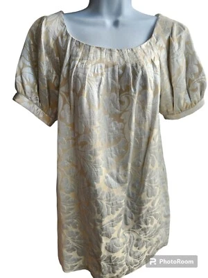 Vestido Tibi Crema y Plata Metálico Manga Abullonada Estampado Damasco Barroco Talla 2 Foto 1 de 3