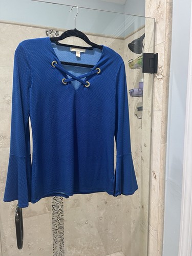 Maglia donna Michael Kors blu manica a campana piccola stringata boho elasticizzata