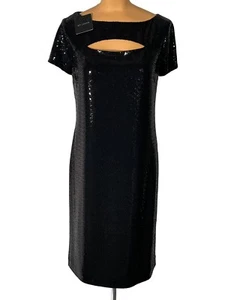 Nuevo con etiquetas Vestido recto funda crepé elástico lentejuelas negro tejido St. John talla 18 $1495 - Imagen 1 de 12