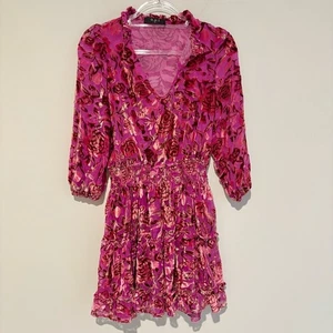Anthropologie O.P.T Velvet Floral Cutout Puff Sleeve Mini Dress Fuchsia Pink M - Picture 1 of 7