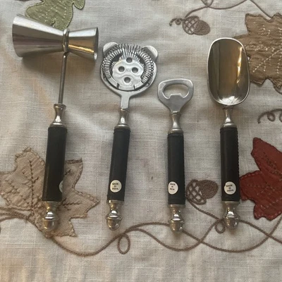 Carro de bar herramientas cócteles entretenido cuero como asas, negro e inoxidable Foto 1 de 4